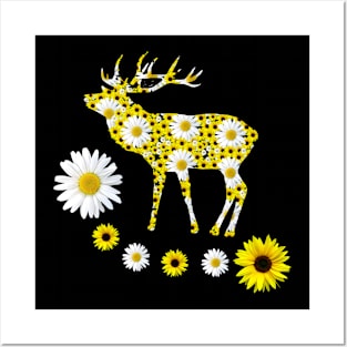 deer of sunflowers and daisies red deer floral pattern Posters and Art